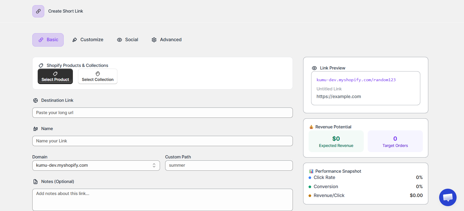 Link Squeeze URL shortener interface for creating Shopify links with custom paths, link previews, revenue tracking, and performance analytics.