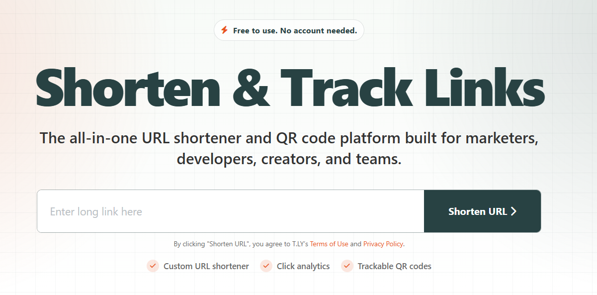 T.LY URL shortener landing page featuring custom URL shortening, click analytics, and trackable QR codes for marketers and creators.