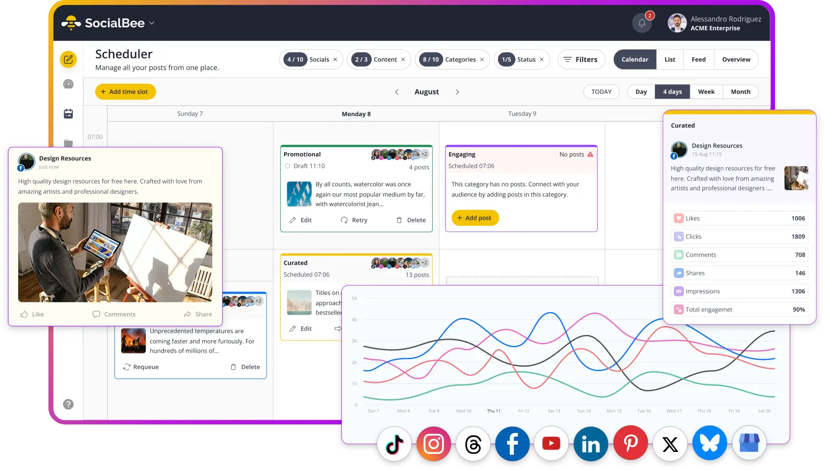 SocialBee social media scheduler showing a content calendar, scheduled posts, curated content, analytics, and social media scheduling tools.