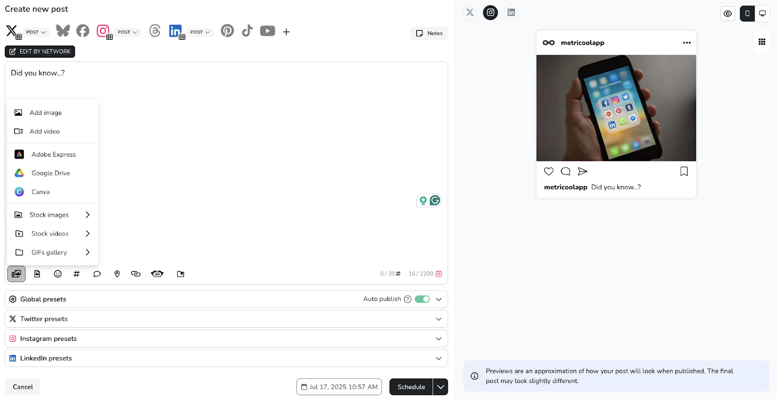 Metricool post creation and scheduling interface showing social network options, content tools, post preview, and social media scheduling tools.