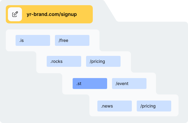 Rebrandly URL shortener showing branded links with custom domains and paths for signup, pricing, events, and news.