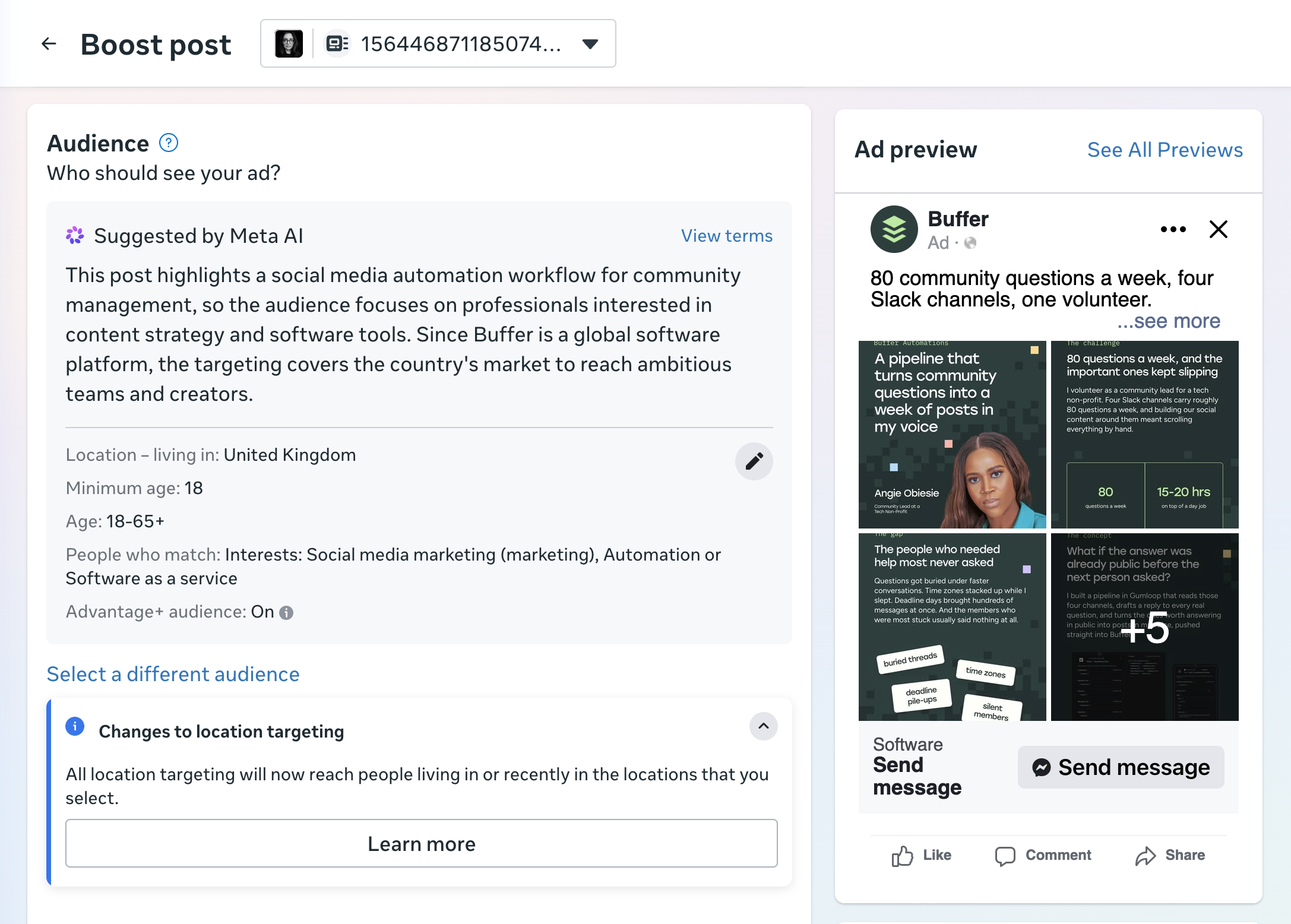 Buffer vs. Meta Business Suite comparison showing Meta Business Suite's Boost Post screen with Meta AI-suggested audience targeting