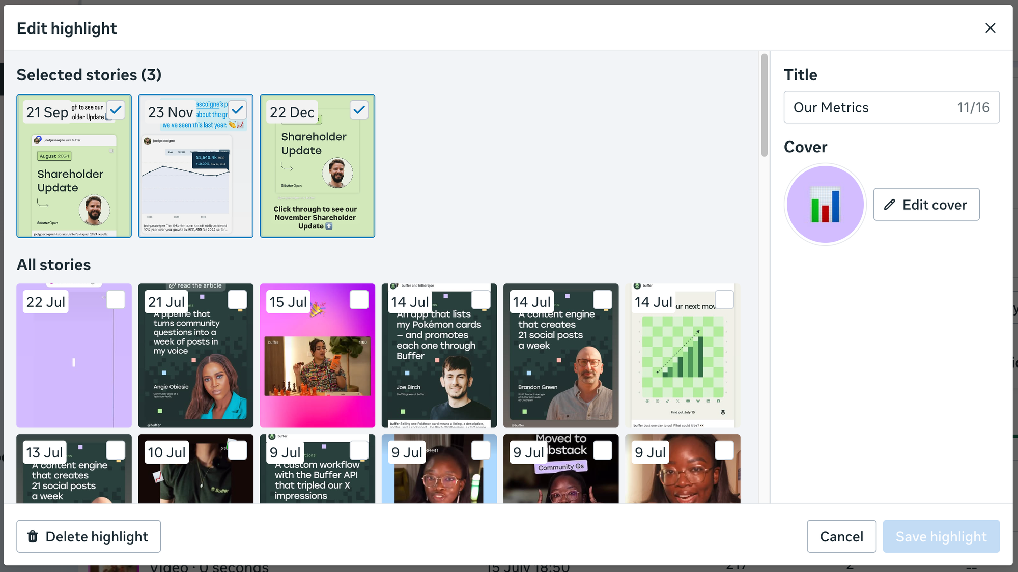 Buffer vs. Meta Business Suite comparison showing Meta Business Suite's Edit Highlight screen with selected Instagram stories and cover options