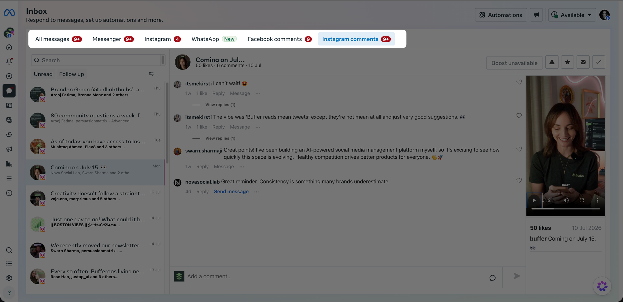 Buffer vs. Meta Business Suite comparison showing Meta Business Suite's Inbox with message list, unread count badges, and an Instagram comment thread