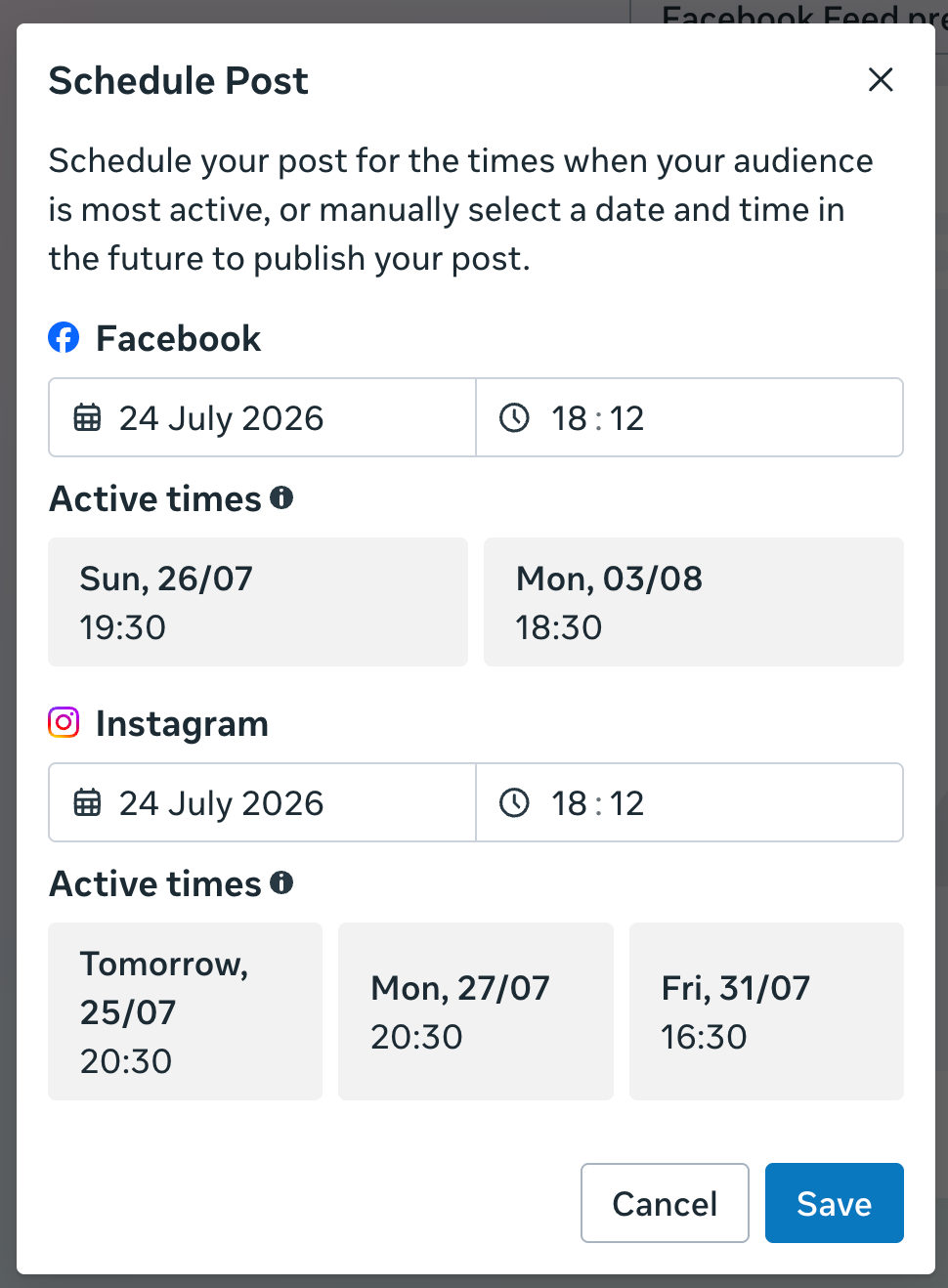 Buffer vs. Meta Business Suite comparison showing Meta Business Suite's Schedule Post dialog with suggested active times for Facebook and Instagram