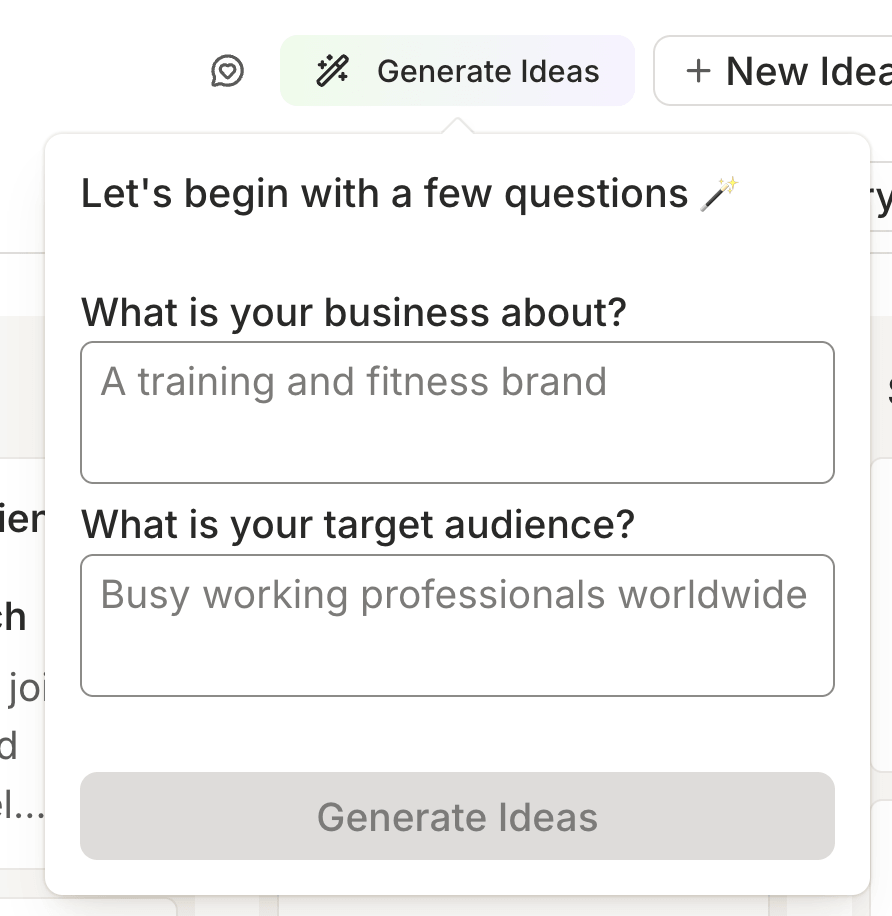 Buffer vs. RecurPost comparison showing Buffer's Generate Ideas tool prompting for your business type and target audience