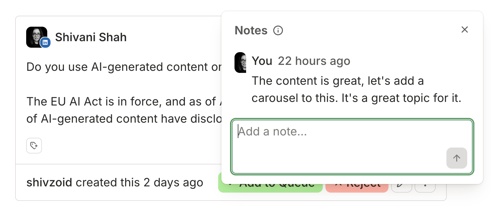 Buffer vs. Loomly comparison showing Buffer's post approval Notes panel with a reviewer comment suggesting adding a carousel to the draft