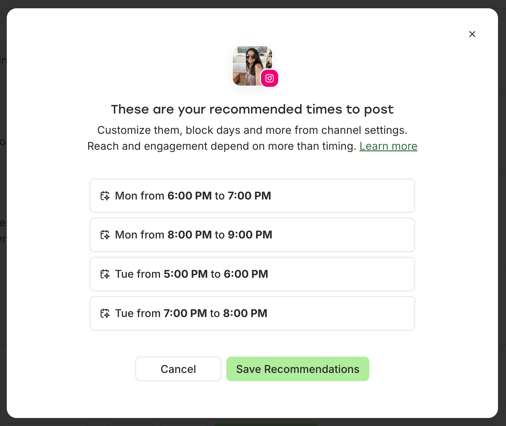 Buffer vs. Loomly comparison showing Buffer's recommended posting times modal for Instagram with four Monday and Tuesday time windows and a Save Recommendations button