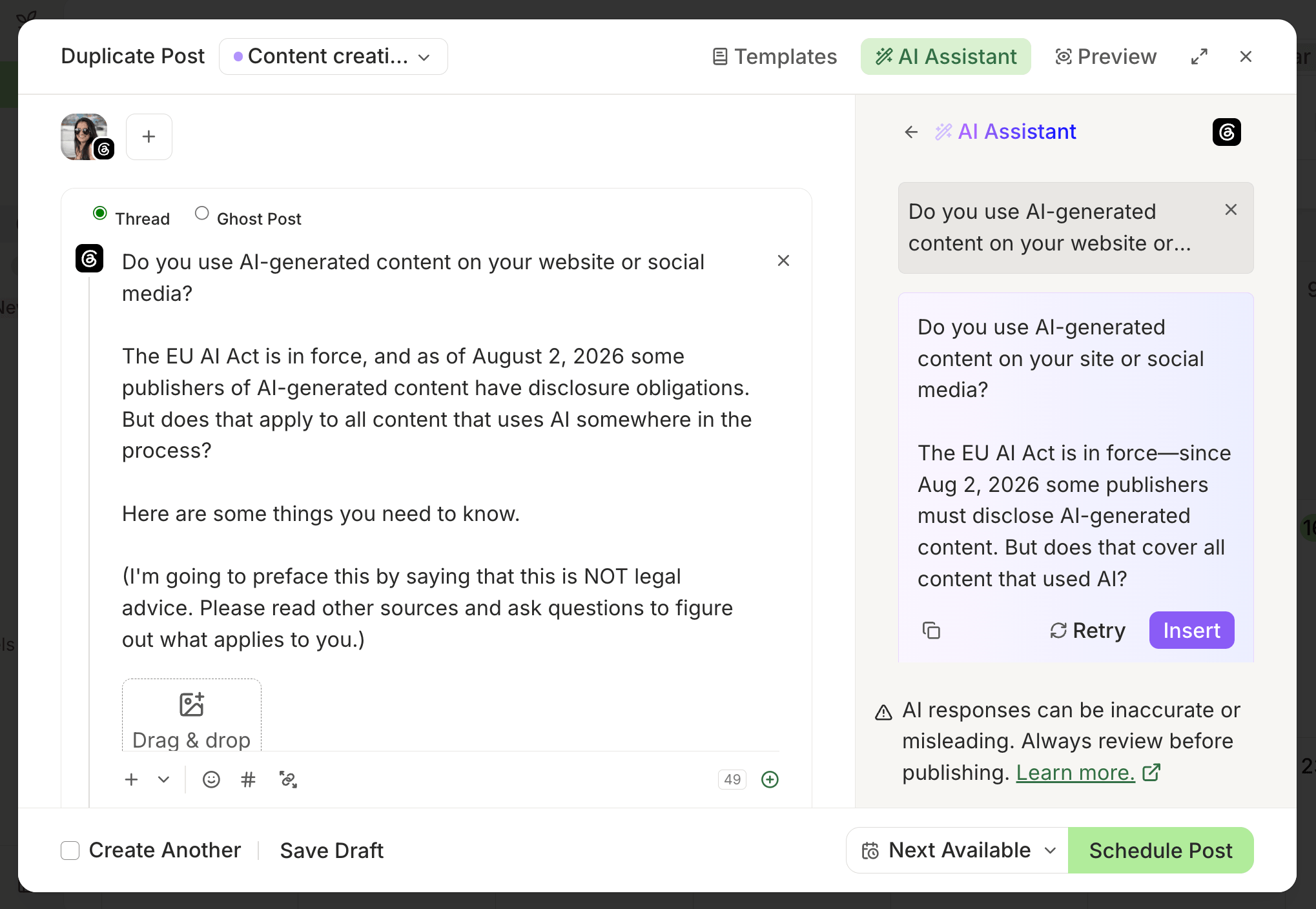 Buffer vs. Loomly comparison showing Buffer's composer AI Assistant panel with an AI-rewritten Threads draft and Insert and Retry buttons