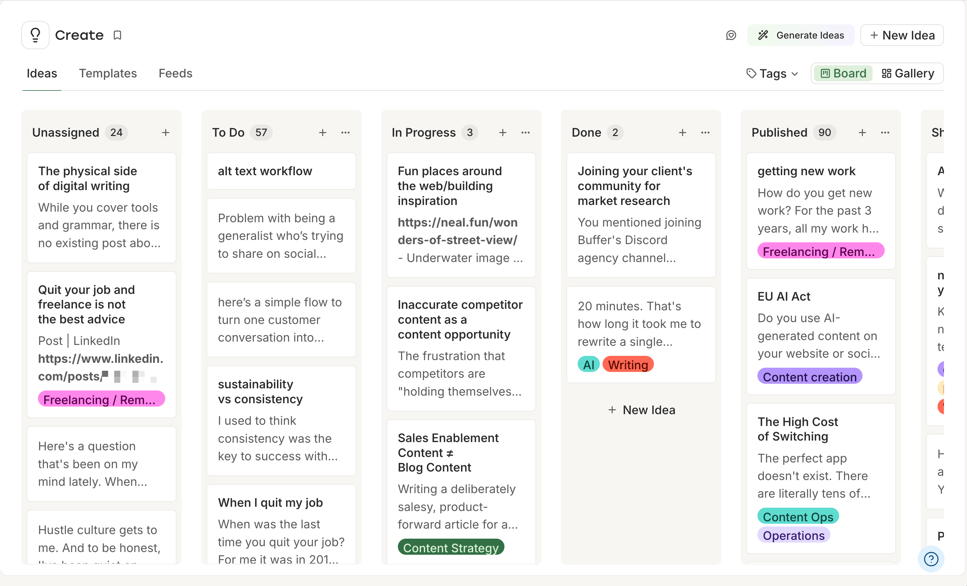 Buffer vs. RecurPost comparison showing Buffer's Create board with ideas in Unassigned, To Do, In Progress, Done, and Published columns