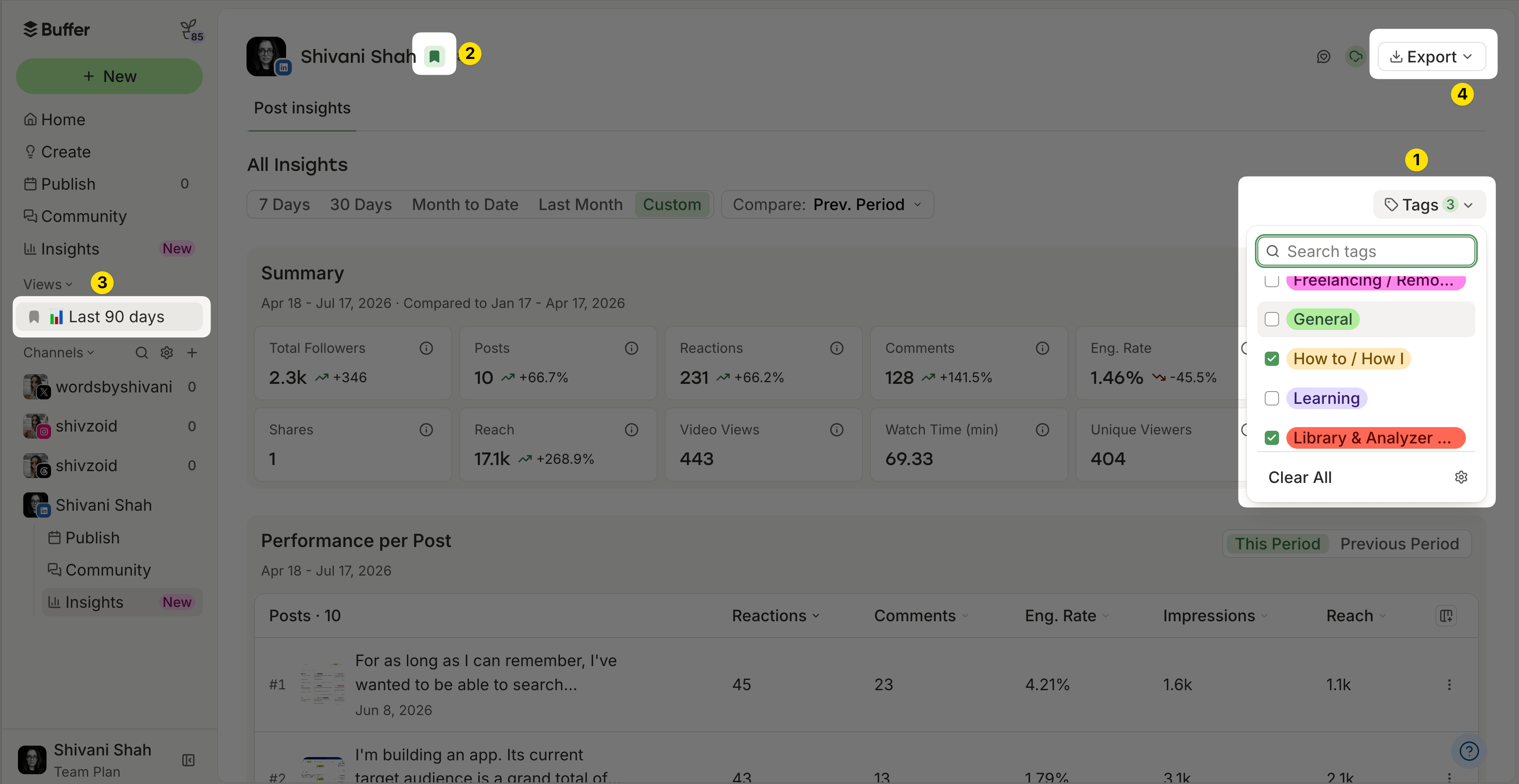 Buffer vs. RecurPost comparison showing Buffer's Insights dashboard with a saved 90-day view, tag filters, and an export option