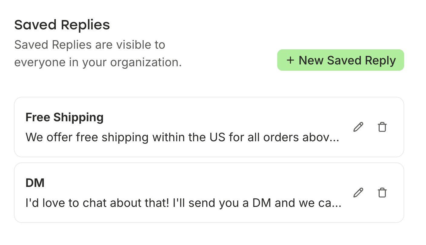 Buffer vs. RecurPost comparison showing Buffer's Saved Replies settings with Free Shipping and DM replies shared across the organization