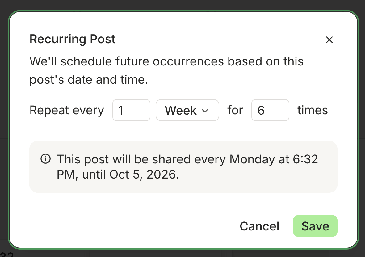 Buffer vs. RecurPost comparison showing Buffer's Recurring Post dialog set to repeat weekly for six times with an end date
