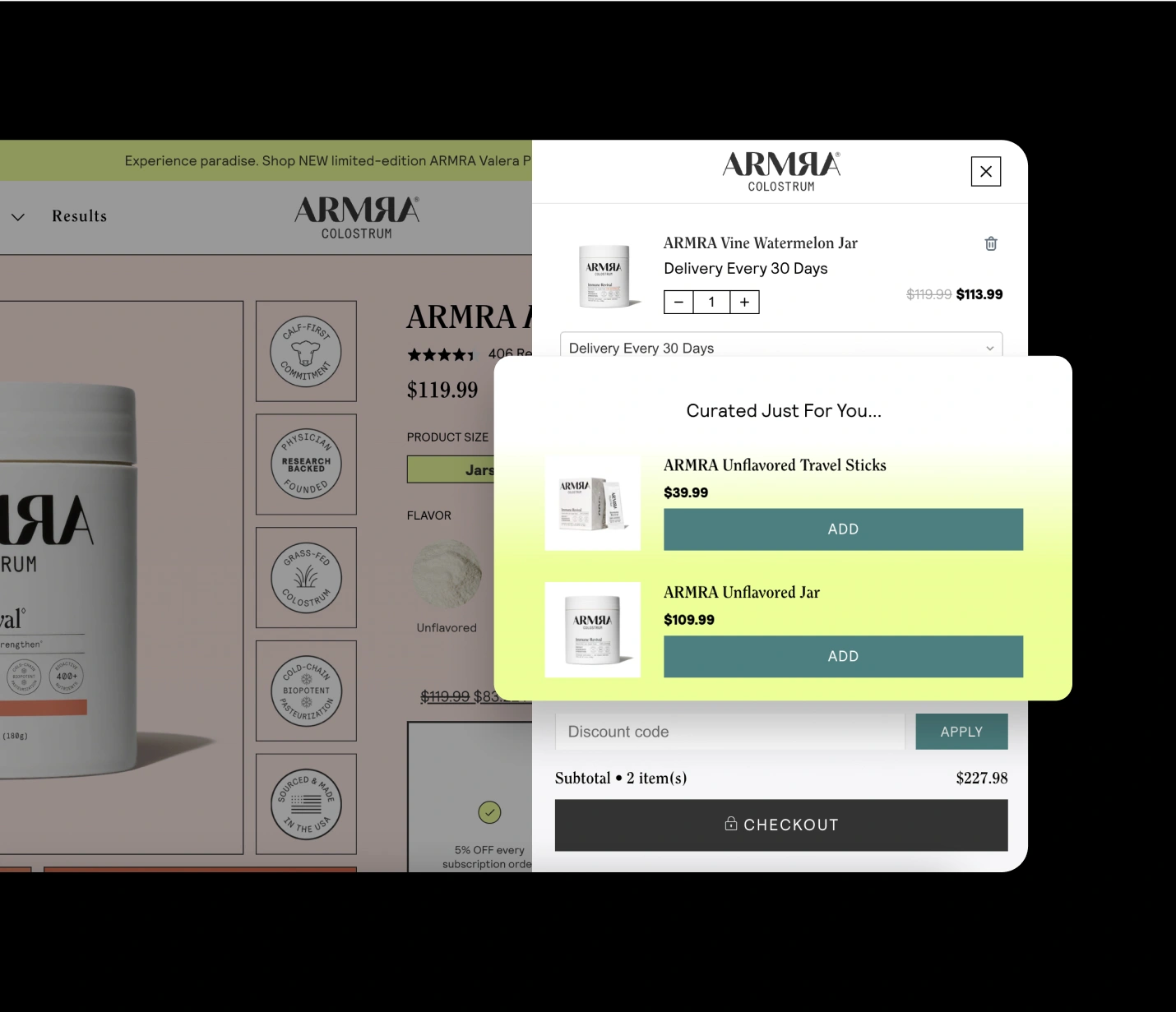 Aftersell digital marketing tool showing e-commerce upsell recommendations, cart optimization, and product offers designed to increase average order value.