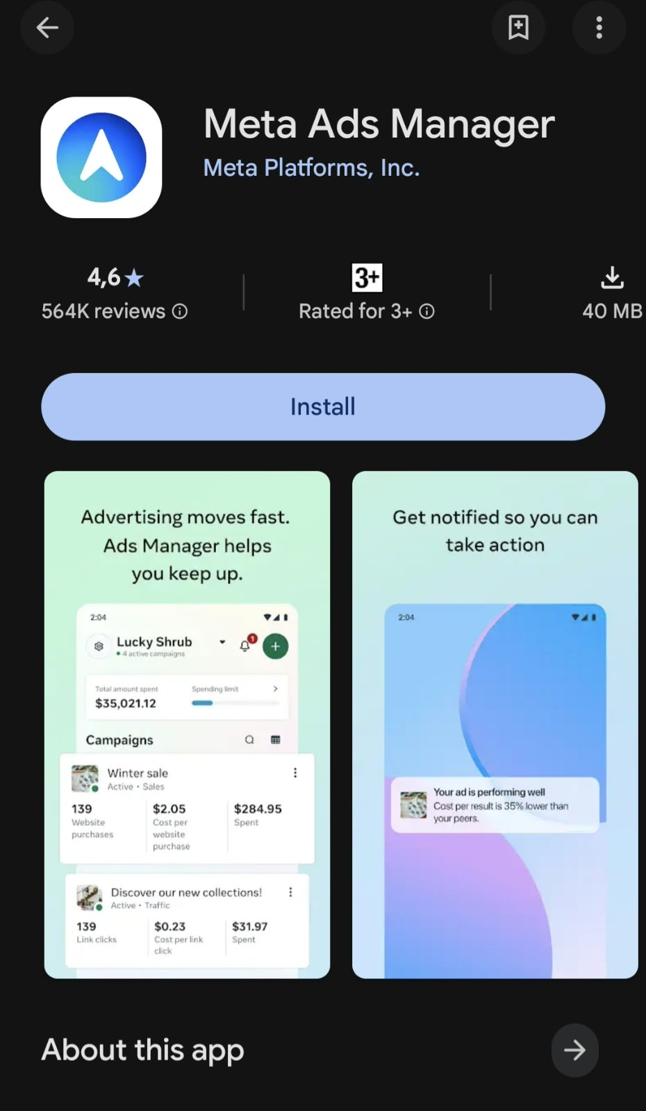 Meta Ads Manager app listing showing campaign management tools for how to run Facebook ads