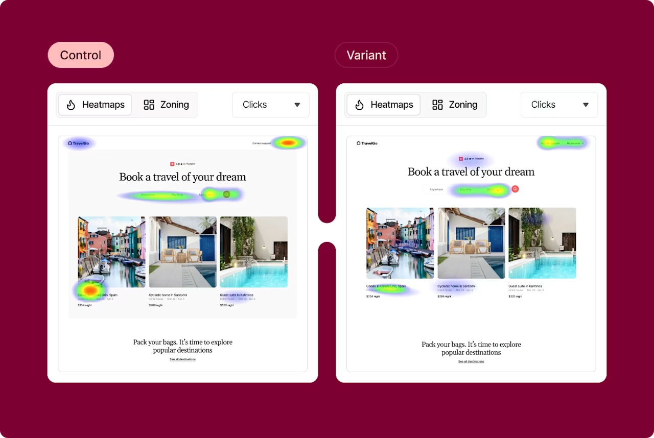 Contentsquare digital marketing tool showing heatmaps comparing control and variant website designs to analyze user clicks and engagement