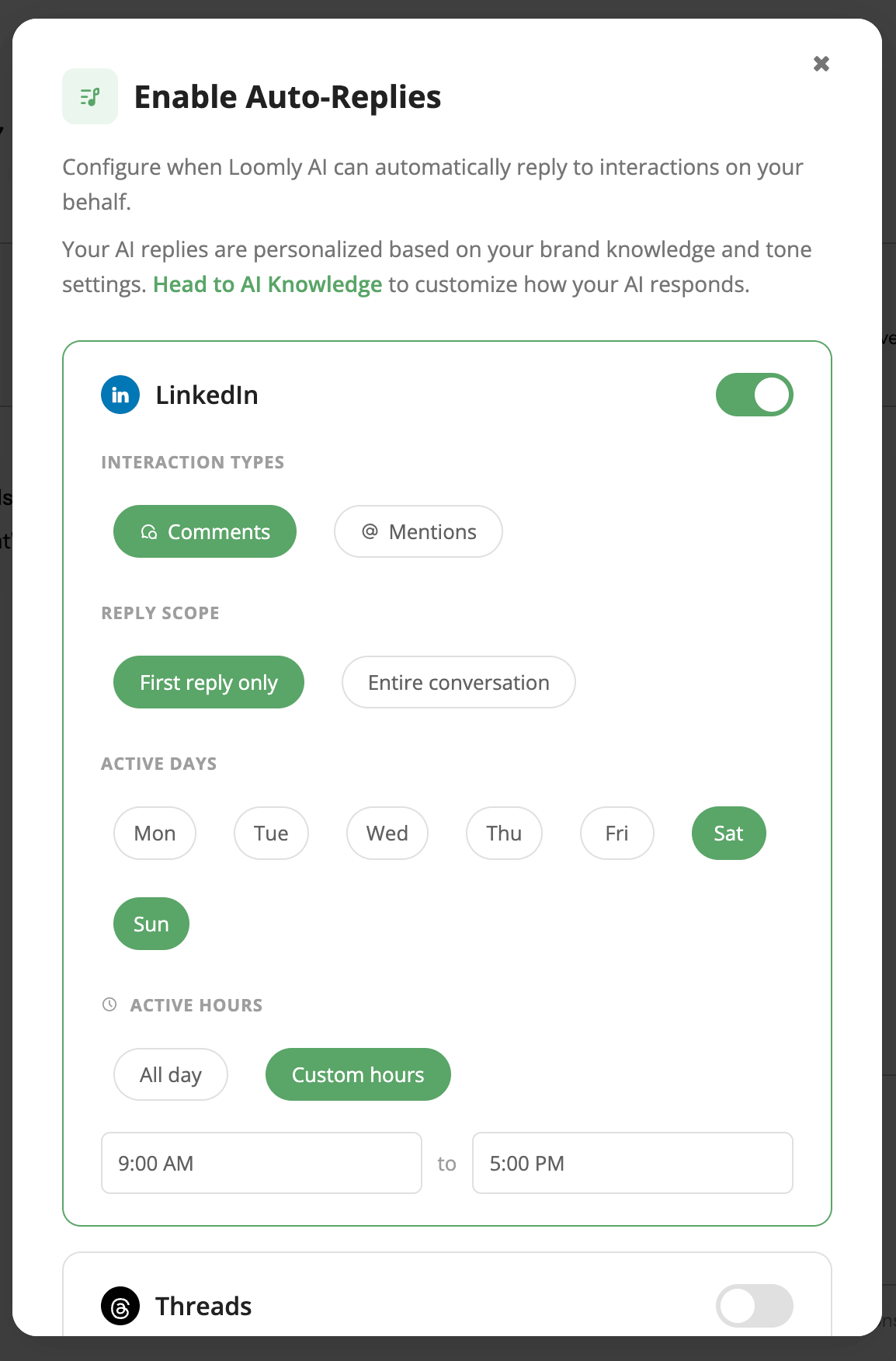 Buffer vs. Loomly comparison showing Loomly's Enable Auto-Replies settings for LinkedIn with interaction type, reply scope, and active hours controls