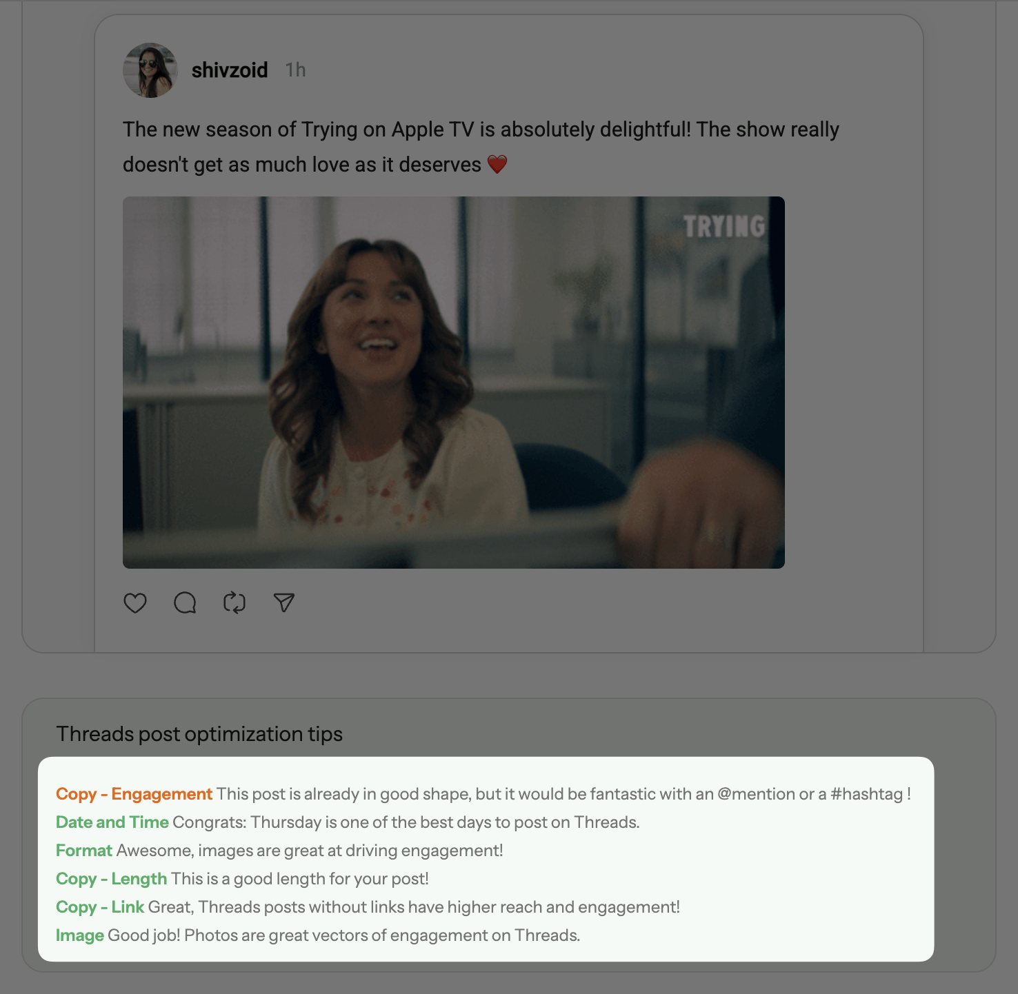 Buffer vs. Loomly comparison showing Loomly's Threads post optimization tips with color-coded feedback on copy, timing, format, and image