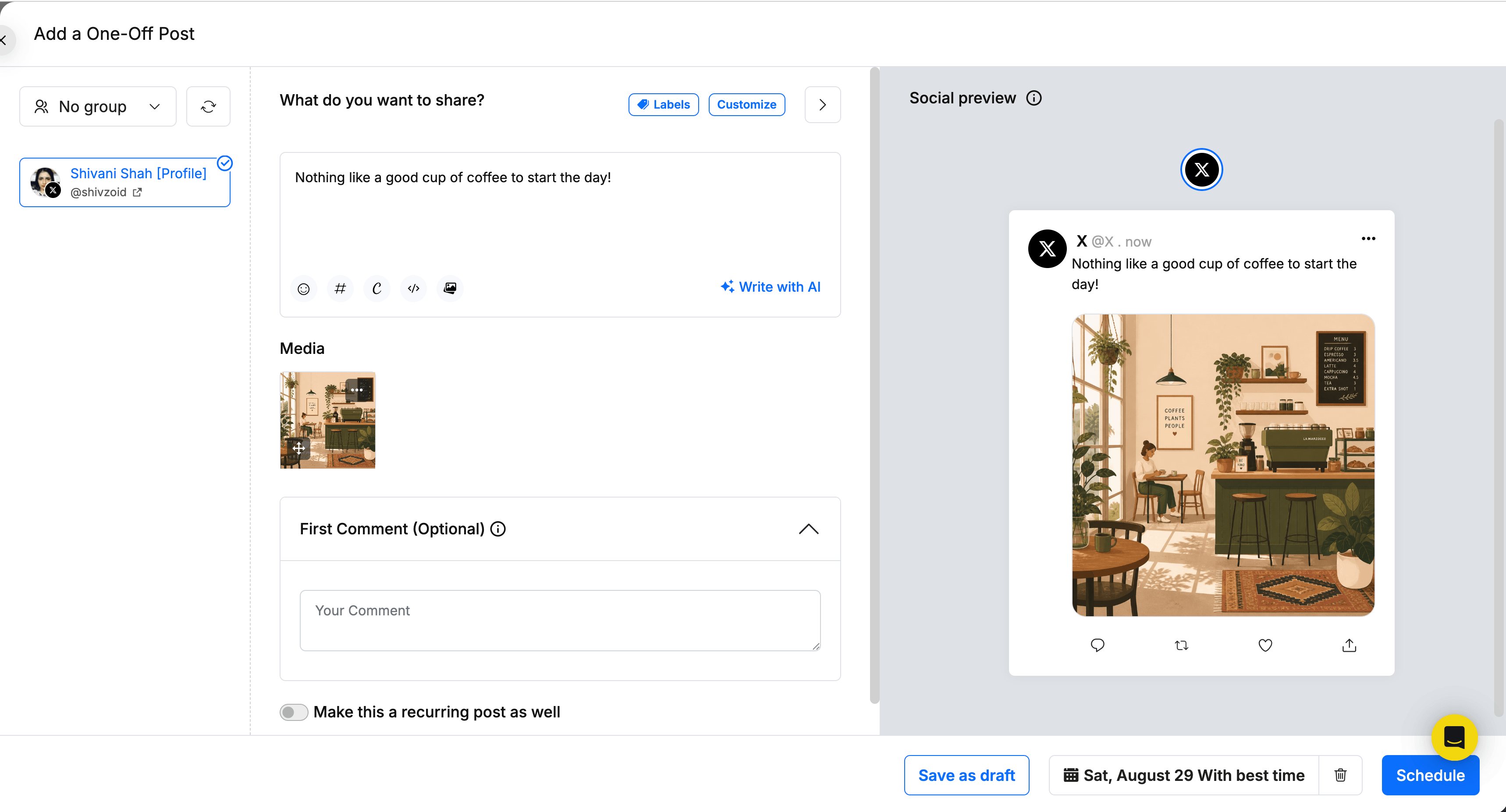 Buffer vs. RecurPost comparison showing RecurPost's one-off post composer with an AI-generated coffee shop image and X preview
