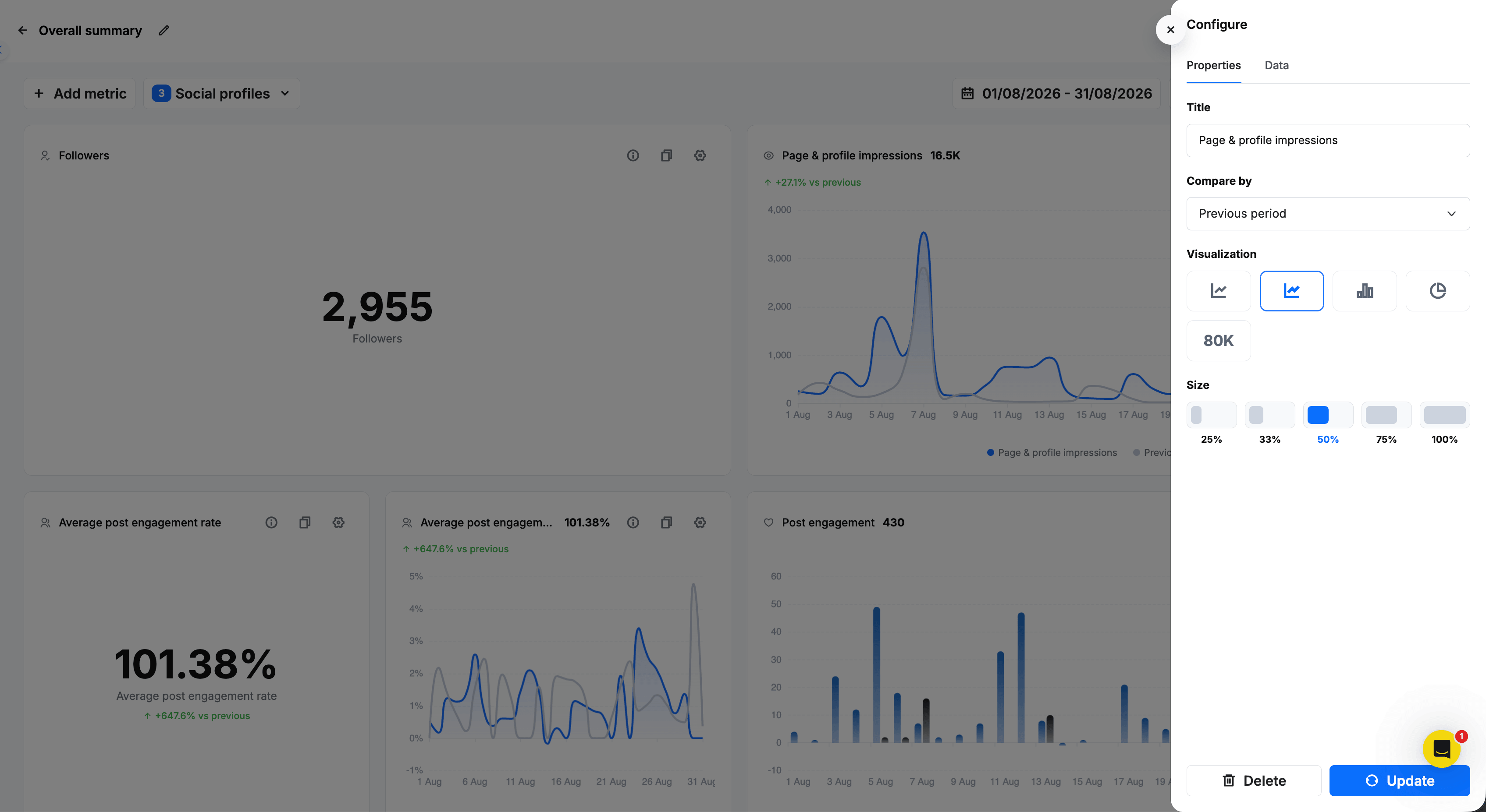 Buffer vs. RecurPost comparison showing RecurPost's report Configure panel with title, compare-by, visualization type, and size