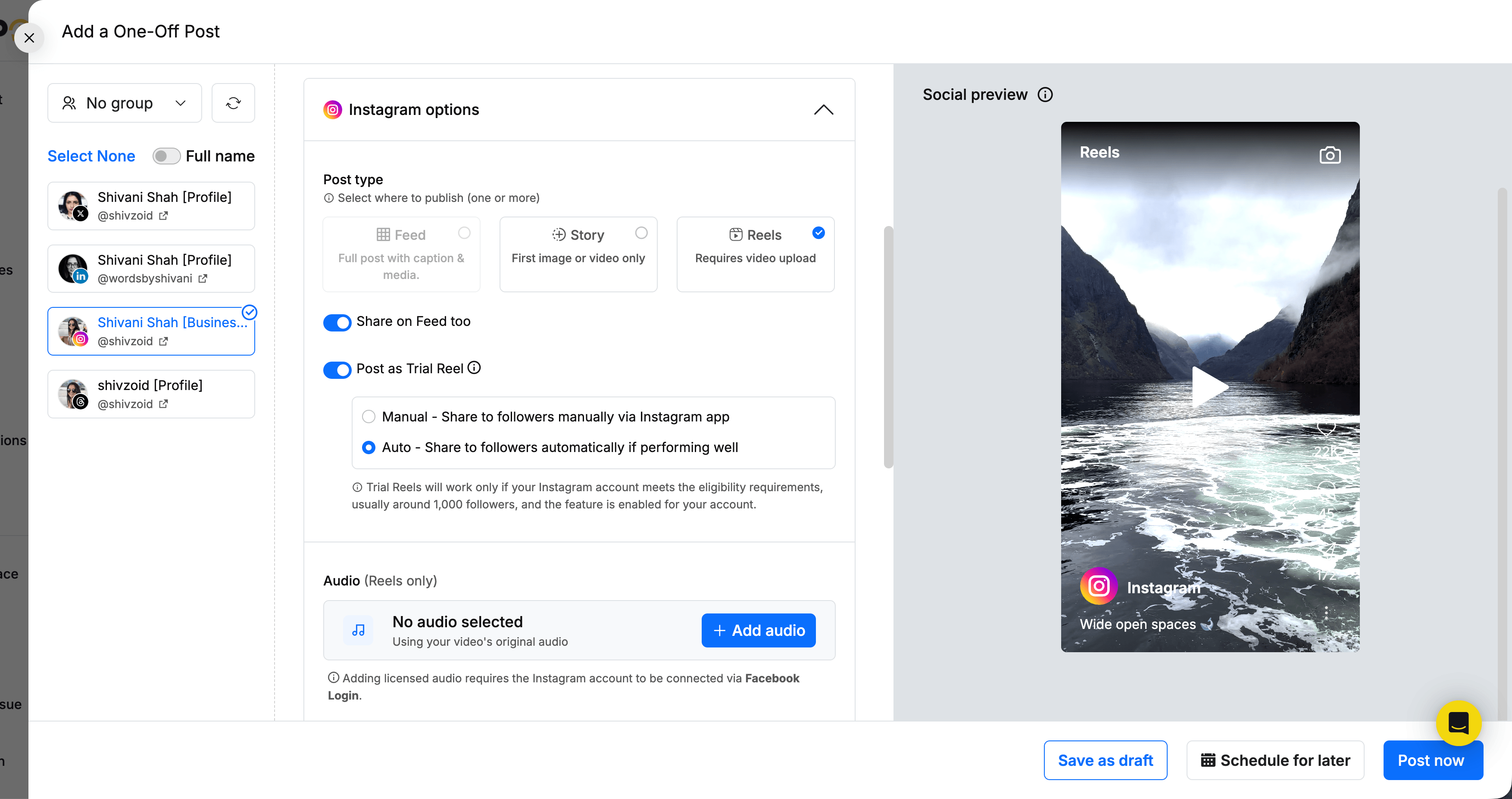 Buffer vs. RecurPost comparison showing RecurPost's Instagram options with Feed, Story, and Reels post types and Trial Reel settings