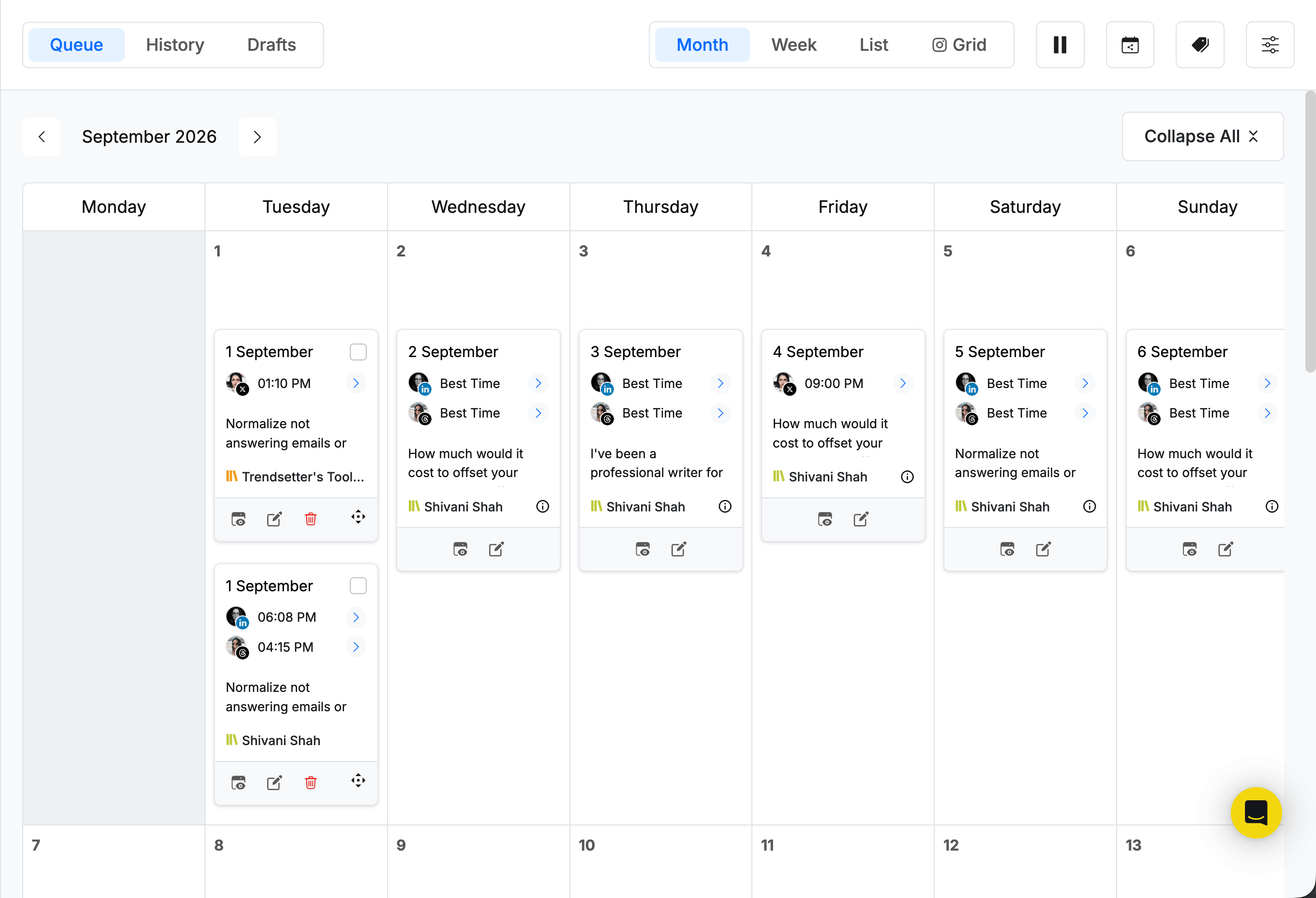 Buffer vs. RecurPost comparison showing RecurPost's queue calendar in month view with scheduled posts and Best Time slots