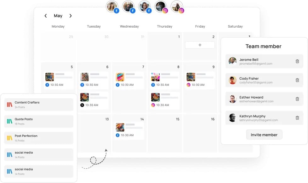 Sprout Social alternative RecurPost shows a May content calendar with Facebook, Instagram, and X posts, a content library, and a team member panel