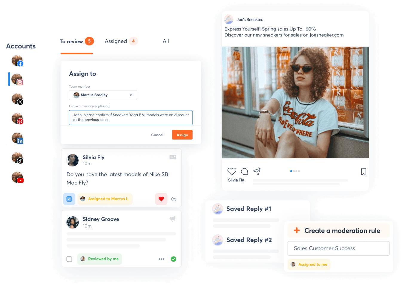 Later alternative Agorapulse inbox with team member assignment, a customer comment, saved replies, and a moderation rule, across seven connected accounts