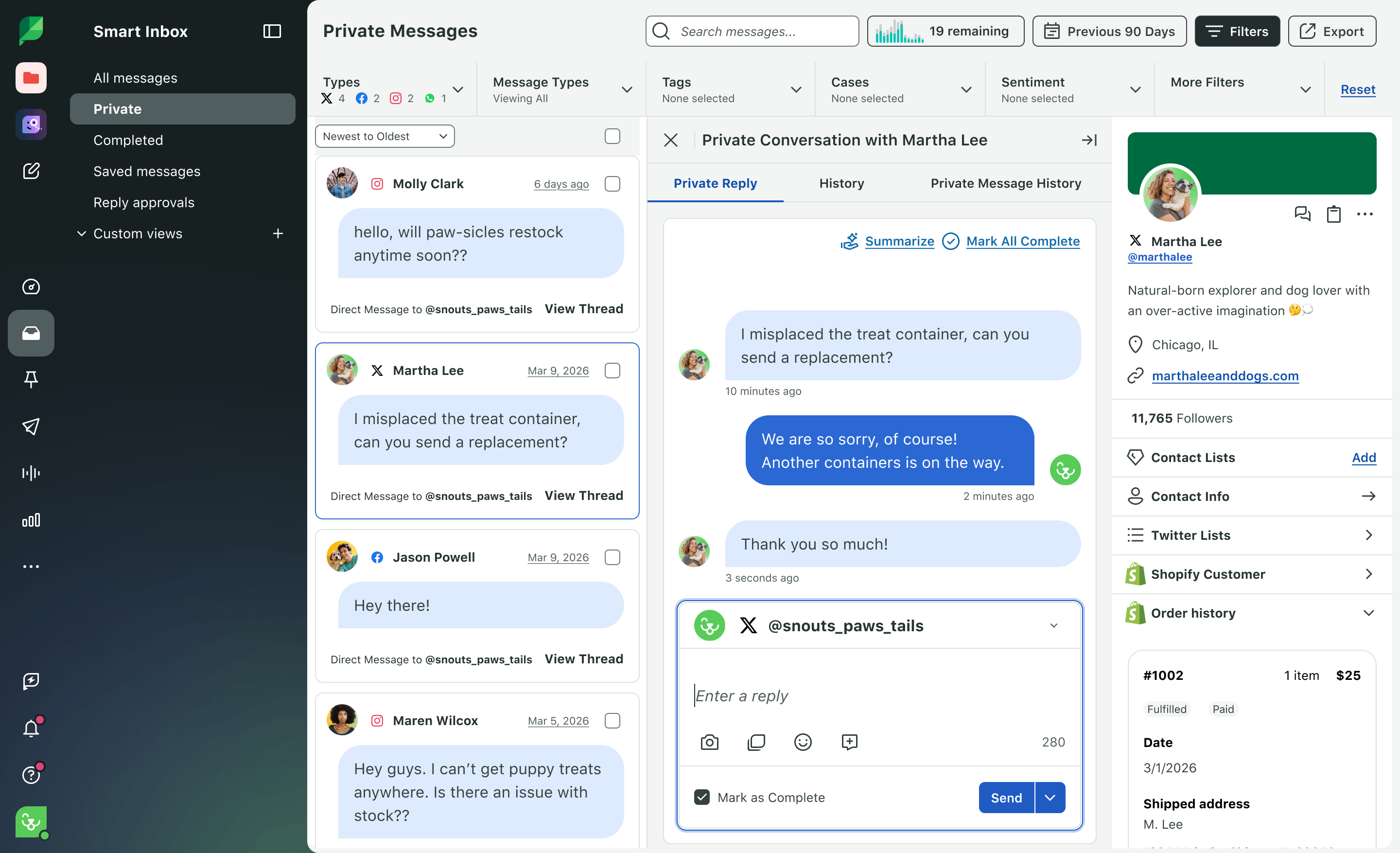 Metricool alternative Sprout Social's Smart Inbox with private messages from X, Instagram, and Facebook, a reply box, and a customer profile