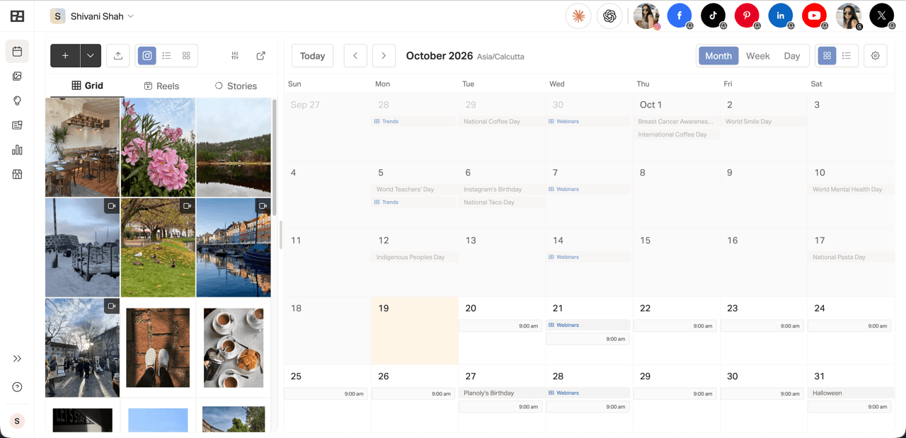 Later alternative Planoly's monthly calendar with holiday and trend suggestions and 9:00 am posting slots, beside a grid of media for an Instagram feed