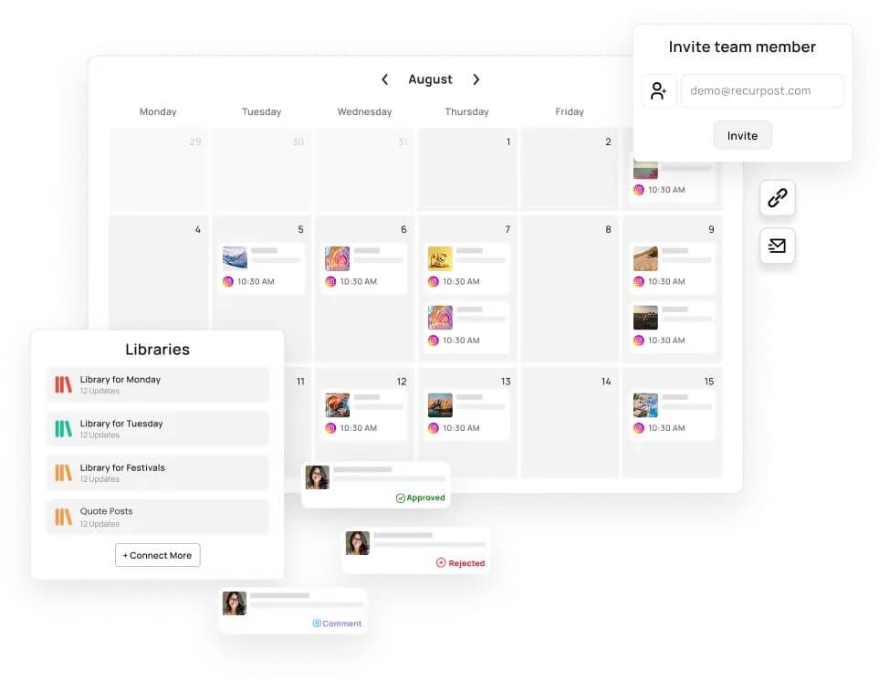 Later alternative RecurPost's monthly calendar of scheduled Instagram posts with content libraries, a team member invite, and approved and rejected post statuses