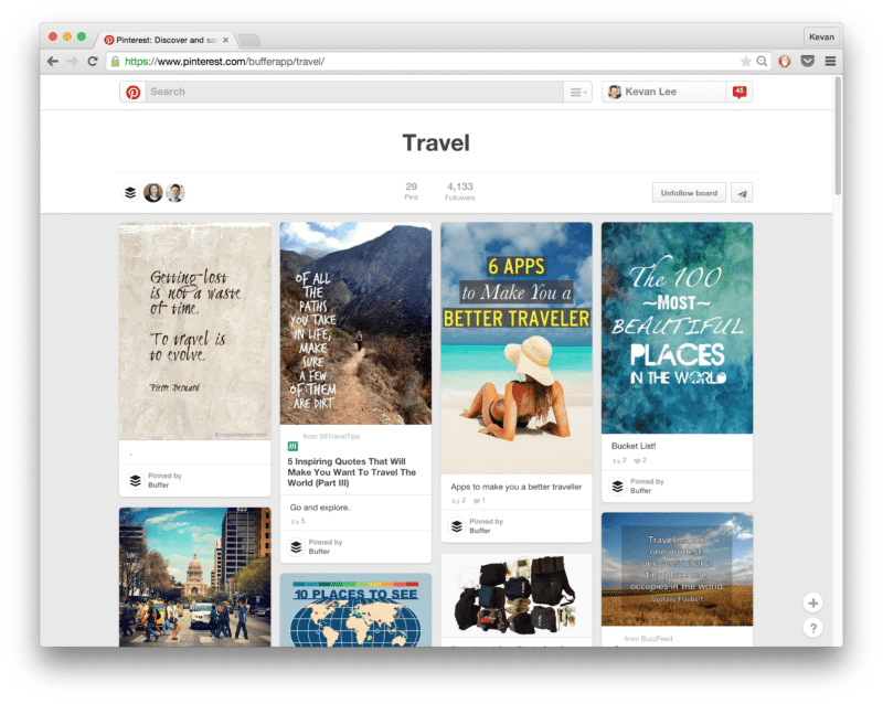 buffer travel Pinterest board