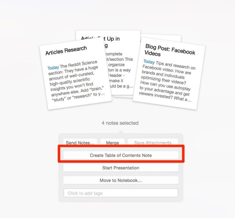 Evernote Table of Content create