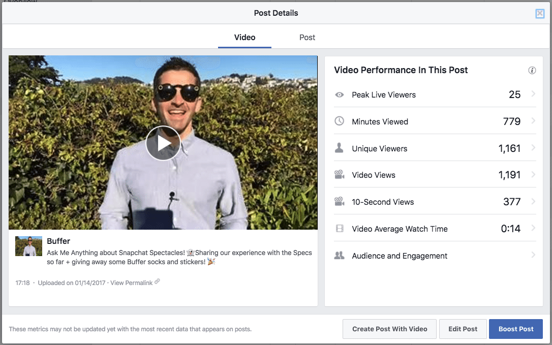 Facebook Live metrics example Facebook Live metrics example