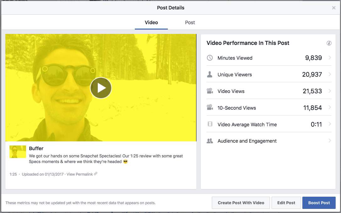 Facebook video metrics example Facebook video metrics example