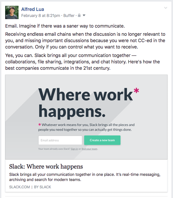 Nancy Duarte’s secret structure of great talks example Email. Imagine if there was a saner way to communicate. Receiving endless email chains when the discussion is no longer relevant to you, and missing important discussions because you were not CC-ed in the conversation. Only if you can control what you want to receive. Yes, you can. Slack brings all your communication together — collaborations, file sharing, integrations, and chat history. Here's how the best companies communicate in the 21st century.