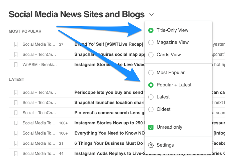 Feedly settings: Set to Title-Only View and Popular + Latest