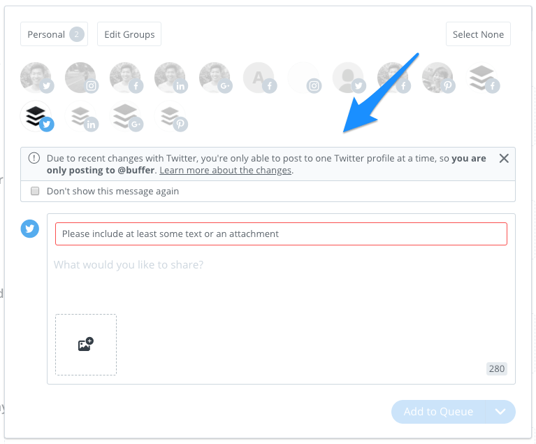 Buffer dashboard Twitter message
