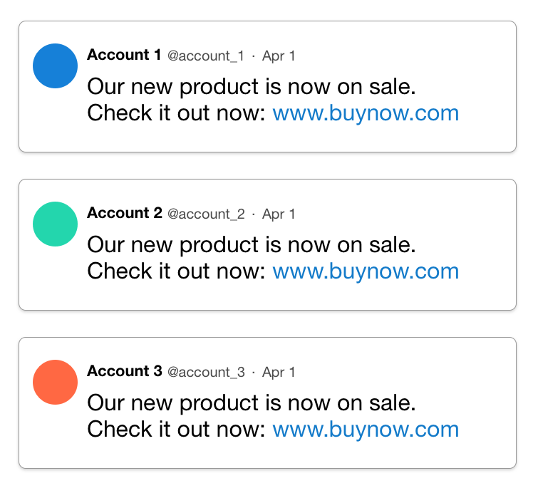 Identical tweets from multiple accounts
