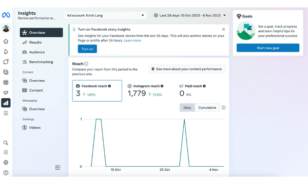 Screenshot showing where to see Instagram content analytics from Facebook Page Insights