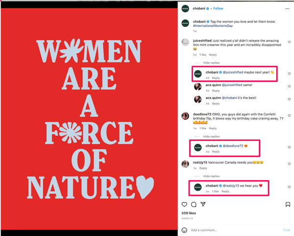 Chobani Instagram post with highlighted brand replies to multiple comments, showing active engagement and how responding consistently can build community and get more Instagram followers.