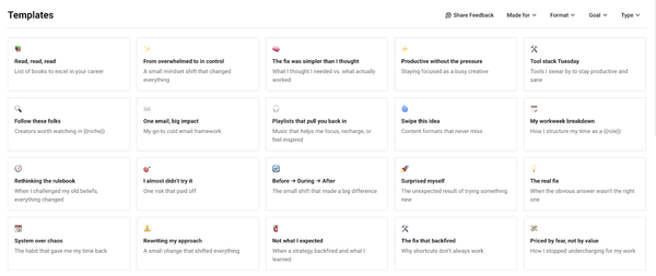 Buffer template library interface showing caption and post ideas filtered by goal and format, helping creators find inspiration faster and get more followers on Instagram.