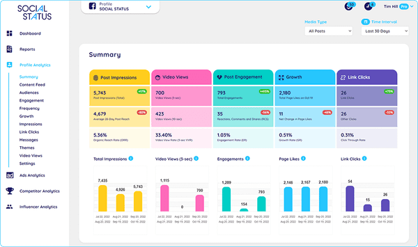 Social Status analytics summary showing post impressions, video views, engagement, growth, and link clicks over 30 days, with performance metrics and bar charts for each category.