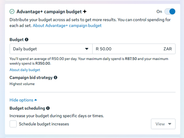 Meta Ads Manager Advantage+ campaign budget settings showing daily budget, bid strategy, and scheduling options for how to advertise on Facebook efficiently.
