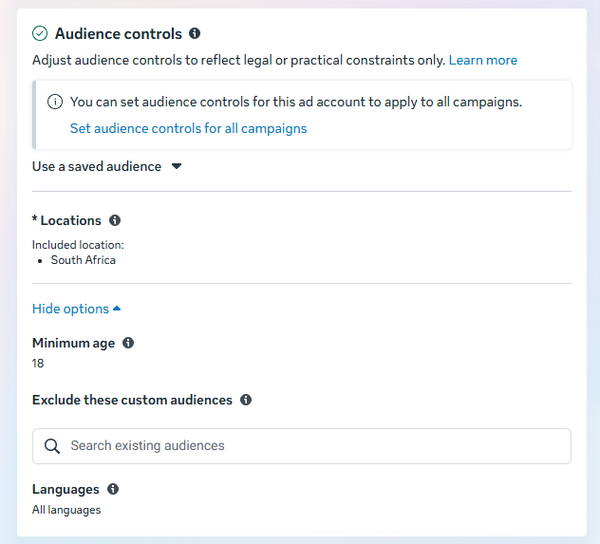 Meta Ads Manager audience controls screen showing location, age, language, and custom audience settings for how to advertise on Facebook with targeted campaigns.