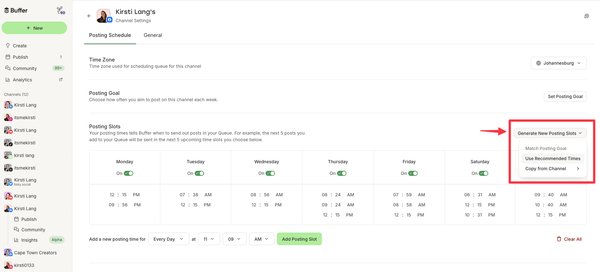 Screenshot of Buffer posting schedule settings with Generate New Posting Slots menu highlighted, showing recommended times for the best time to post on Facebook.