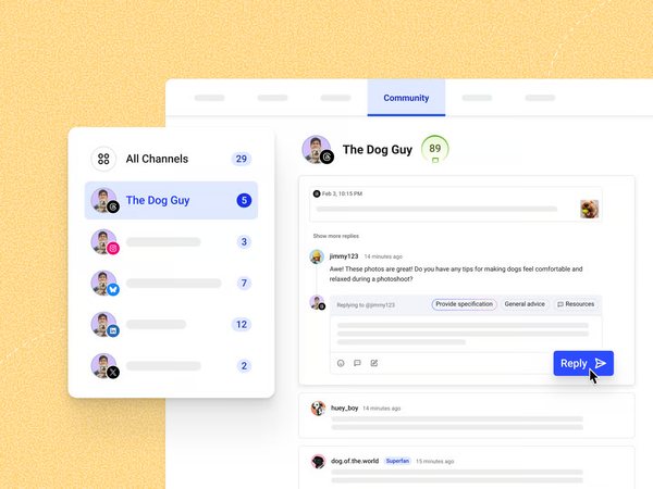 Buffer Community dashboard showing unified social media engagement tools for managing comments, replying across platforms, and improving social media marketing communication.