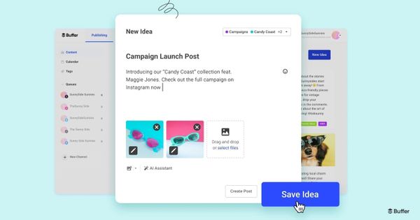 Buffer Create Space dashboard showing tools for saving, organizing, and planning social media marketing ideas with text, images, videos, and tags.