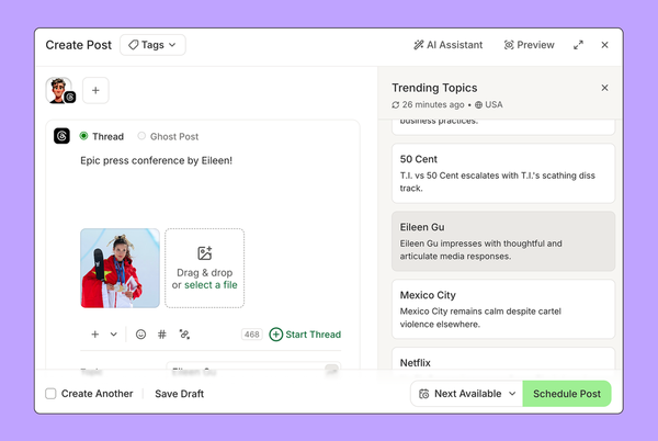 Buffer dashboard showing the Trending Topics feature for discovering viral conversations and creating timely social media marketing posts.