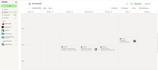 Buffer content calendar dashboard showing scheduled posts across multiple social media channels for organized social media marketing planning and publishing.
